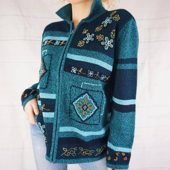 🍓VINTAGE BLUE ZIP UP SWEATER WITH EMBROIDERED FLOWERS🍓 - Picture 4 of 4